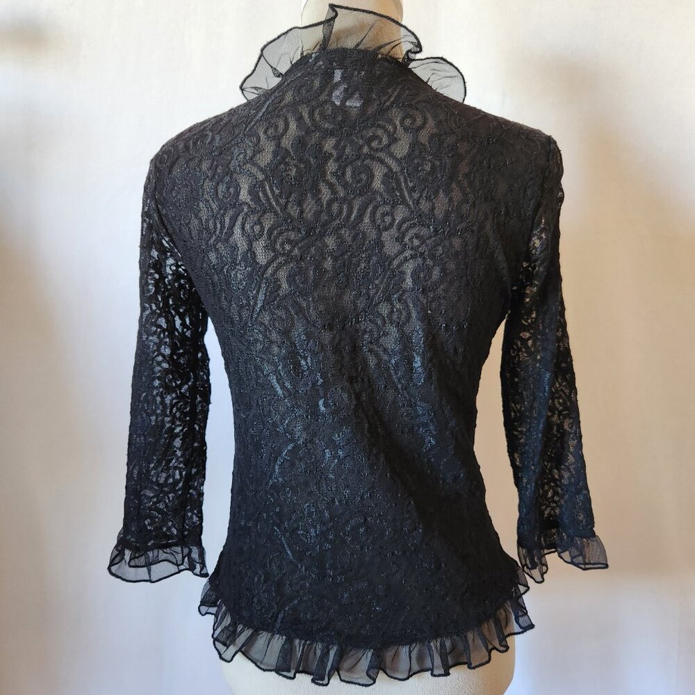 Uniform John Paul Richard Women's Size M Black Sheer Ruffle Lace Faux Button Top - Picture 10 of 13